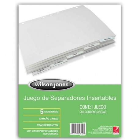 SEPARADOR WILSON JONES P0490 TAMAÑO CARTA CON 5 DIVISIONES DE PAPEL CON CEJAS TRANSPARENTES 1 JUEGO - Envío Gratuito