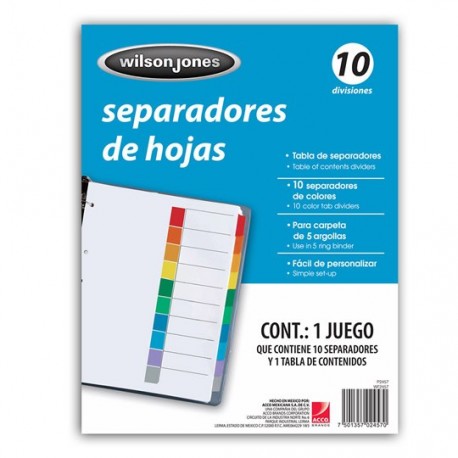 SEPARADOR WILSON JONES P2457 TAMAÑO CARTA CON 10 DIVISIONES DE PAPEL CON CEJAS MULTICOLOR 1 JUEGO - Envío Gratuito