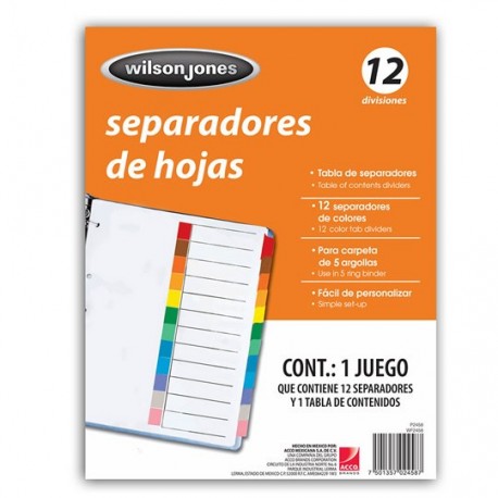 SEPARADOR WILSON JONES P2458 TAMAÑO CARTA CON 12 DIVISIONES DE PAPEL CON CEJAS MULTICOLOR 1 JUEGO - Envío Gratuito