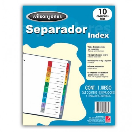 SEPARADOR WILSON JONES P1347 TAMAÑO CARTA CON 10 DIVISIONES DE PAPEL CON CEJAS MULTICOLOR 1 JUEGO - Envío Gratuito