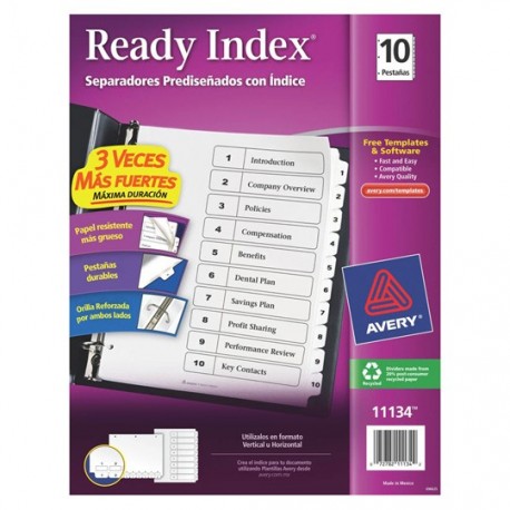 SEPARADOR AVERY 11134 TAMAÑO CARTA CON 10 DIVISIONES DE PAPEL CON CEJAS BLANCAS 1 JUEGO - Envío Gratuito