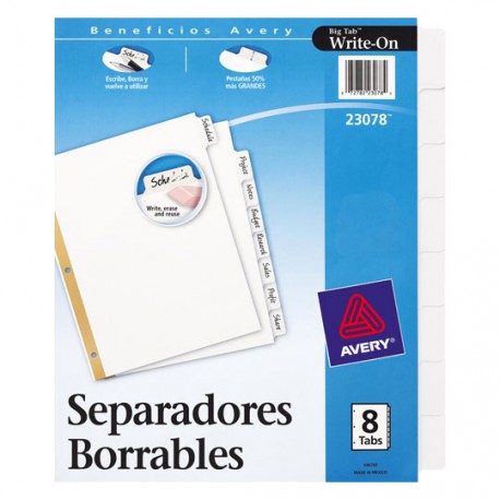 SEPARADOR AVERY 23078 TAMAÑO CARTA CON 8 DIVISIONES DE PLASTICO CON CEJAS BLANCAS 1 JUEGO - Envío Gratuito