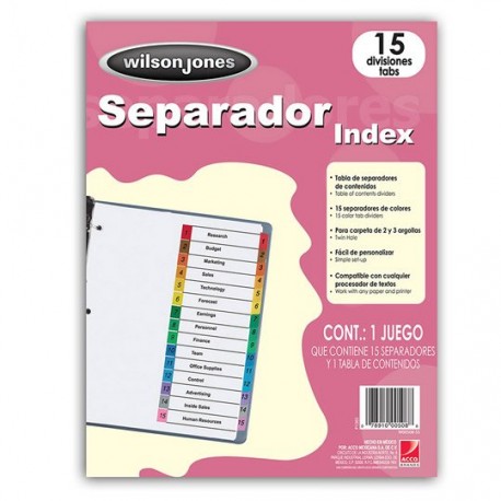 SEPARADOR WILSON JONES P1365 TAMAÑO CARTA CON 15 DIVISIONES DE PAPEL CON CEJAS MULTICOLOR 1 JUEGO - Envío Gratuito
