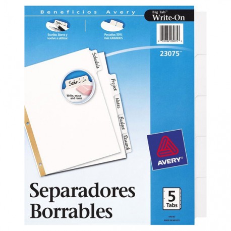 SEPARADOR AVERY 23075 TAMAÑO CARTA CON 5 DIVISIONES DE PLASTICO CON CEJAS BLANCAS 1 JUEGO - Envío Gratuito