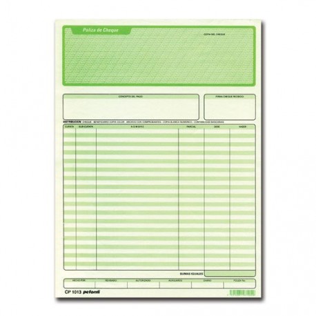 POLIZA DE CHEQUE PC FORM CP-1013 TAMAÑO CARTA ORIGINAL Y COPIA 1 BLOCK CON 25 JUEGOS - Envío Gratuito