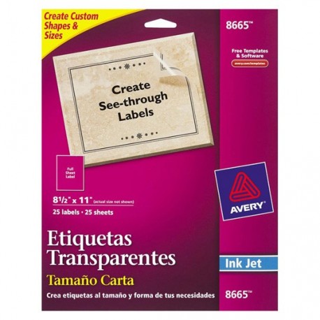 ETIQUETAS TAMAÑO CARTA TRANSPARENTES AVERY 8665 DE 21.6X27.9 CM 1 PAQUETE - Envío Gratuito