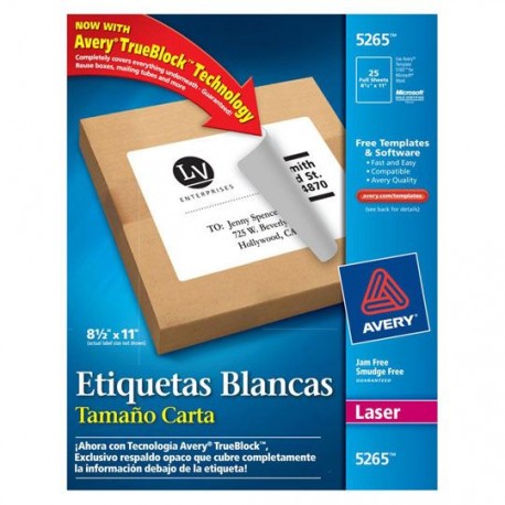ETIQUETAS BLANCAS AVERY 5265 DE 21.6X27.9 CM 1 PAQUETE - Envío Gratuito