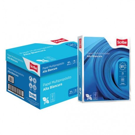 CAJA DE PAPEL BOND BLANCO CARTA SCRIBE AZUL GRAMAJE 75 GRS BLANCURA 97 PORCIENTO 8.5 X 11 PULGADAS 10 PAQUETES CON 500 HOJAS - E