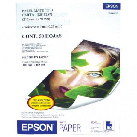 PAPEL MATE HEAVYWEIGHT BLANCO CARTA EPSON GRAMAJE 167 GRS BLANCURA 97 PORCIENTO 8.5 X 11 PULGADAS 1 PAQUETE CON 50 HOJAS - Envío